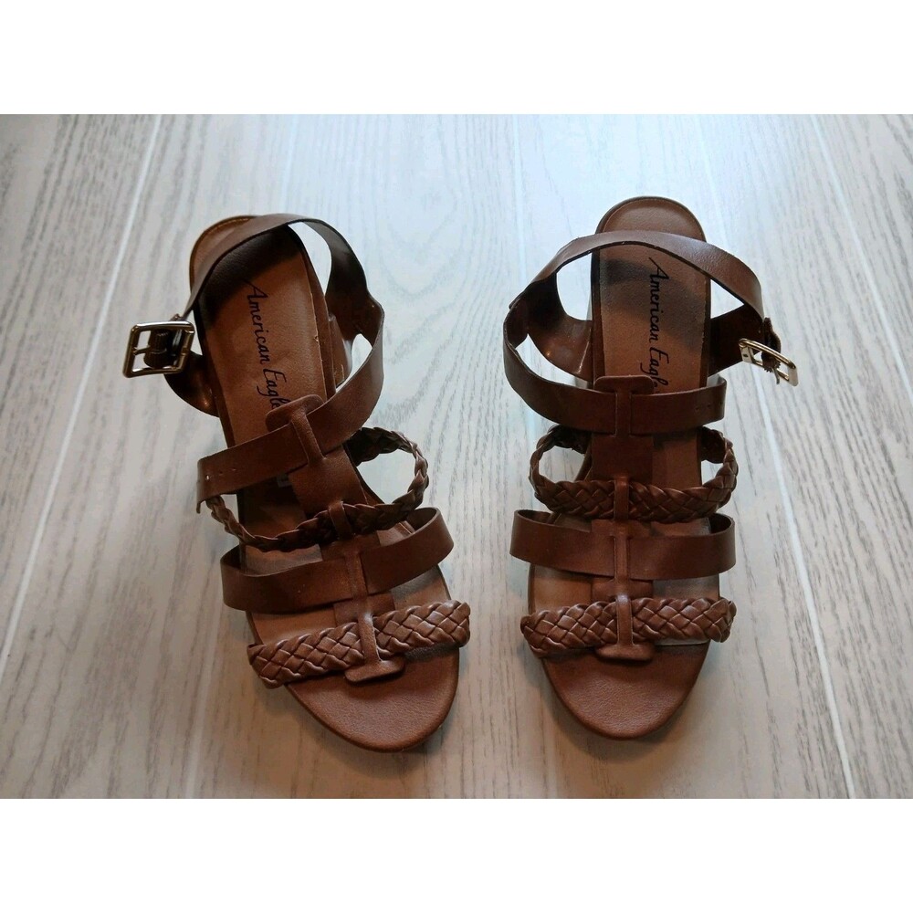 American Eagle Women’s Brown Strappy Open Toe Block Heel Sandals Buckle Size 9